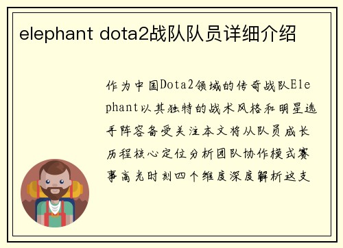 elephant dota2战队队员详细介绍
